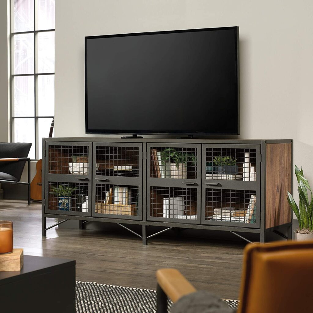 stylish industrial media console with wire front storage and