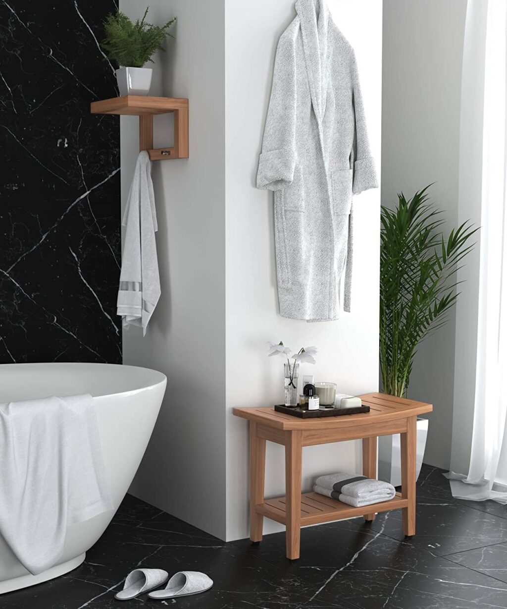 stylish solid teak wood bathroom bench with lower storage shelf ...