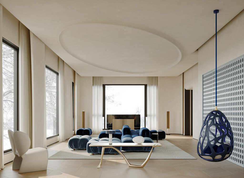 Beige Living Room With Blue Accents