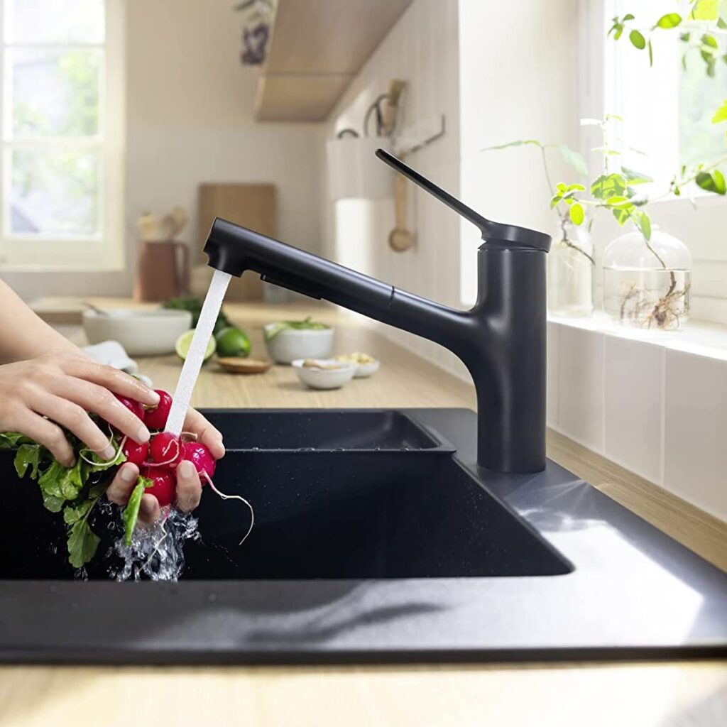 small modern kitchen faucet with pullout sprayer nozzle and top