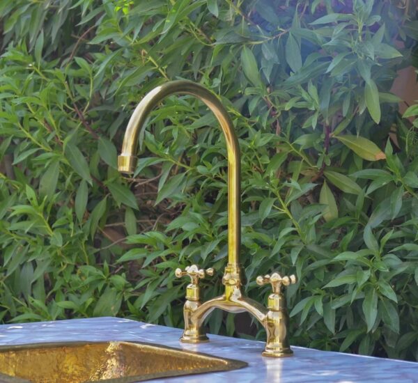 two hole antique brass kitchen faucet with vintage knobs hot and cold