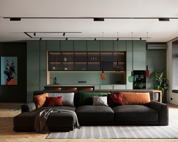 green and black living room | Interior Design Ideas