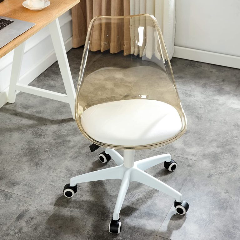 clear plastic desk chair with yellow tint and white faux leather