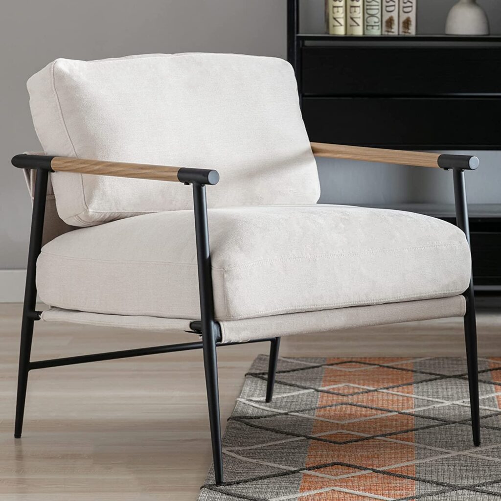 chic black and white accent chair with wood armrests and sturdy metal ...