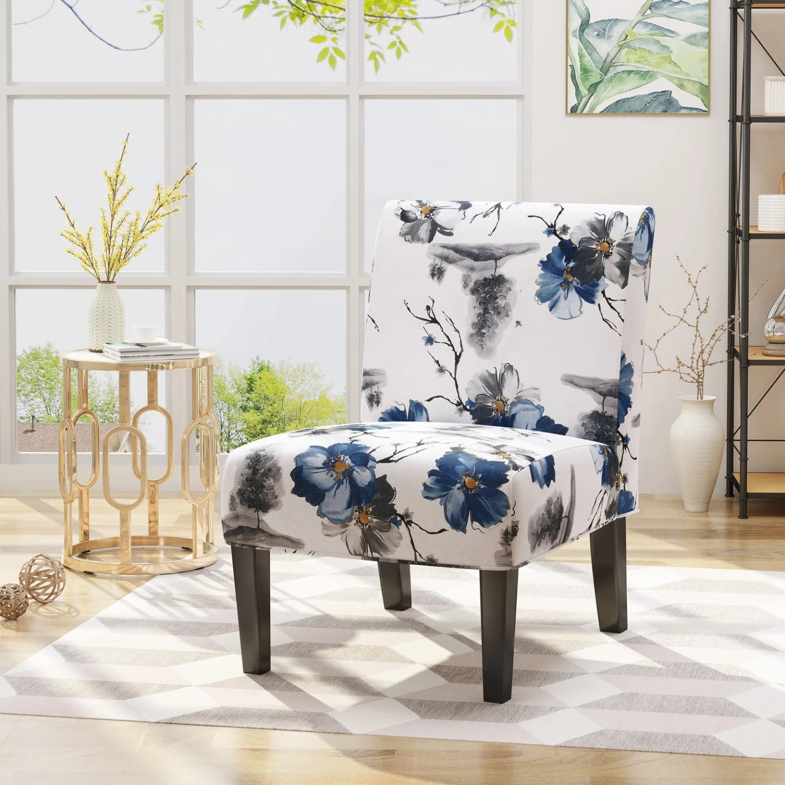 pretty blue and white accent chair with floral patterned upholstery