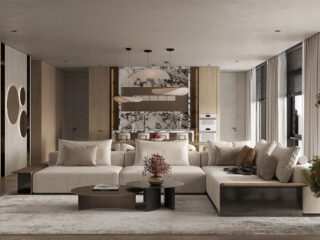 Beige Interior With Wood And White Marble Accents