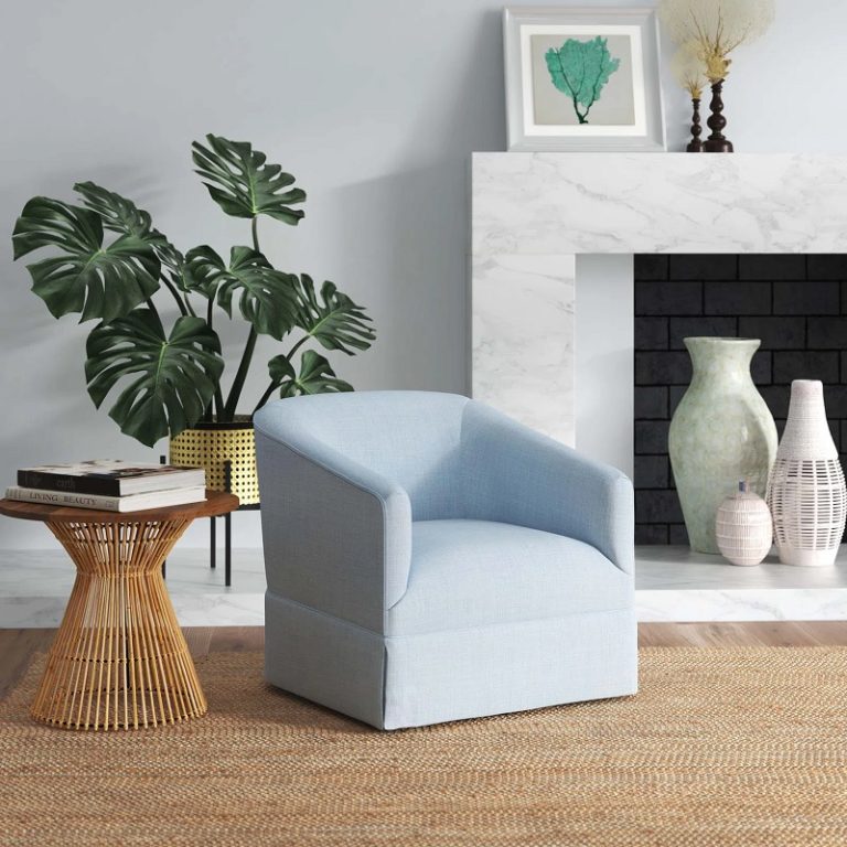 light powder blue accent swivel chair with skirted base classic living