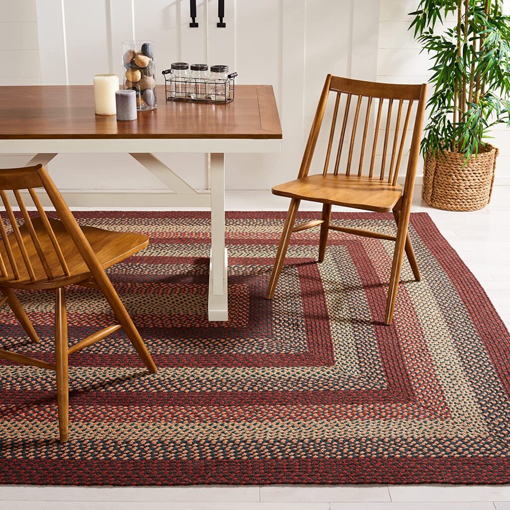 rectangular braided farmhouse dining rug with alternating red and brown