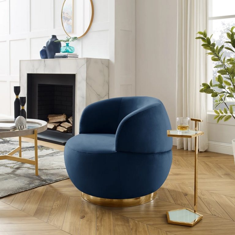 spherical navy swivel accent chair with golden base round living room