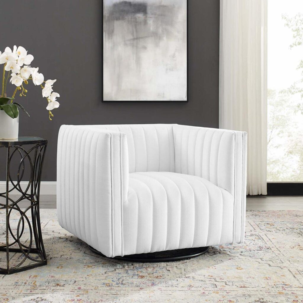stainresistant white swivel accent chair with channel tufting and