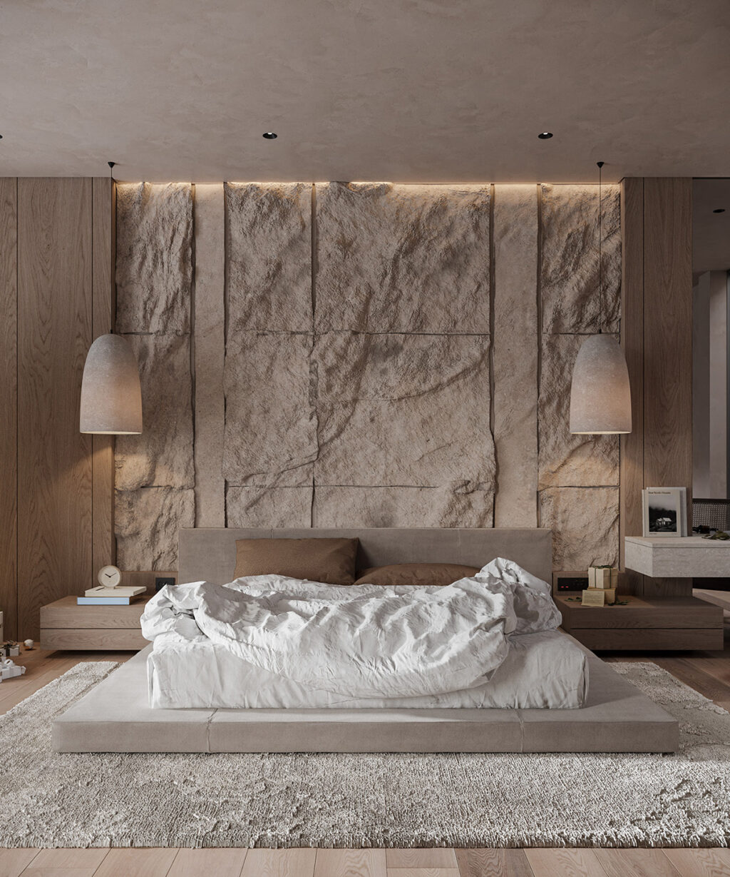 beige stone bedroom wall Interior Design Ideas