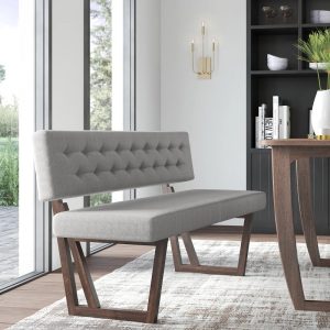 contemporary tufted bench for dining table with geometric walnut legs ...