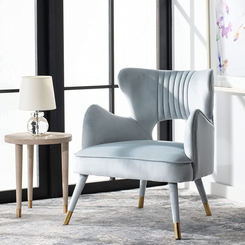 glamorous sky blue accent chair with winged backrest and curvaceous