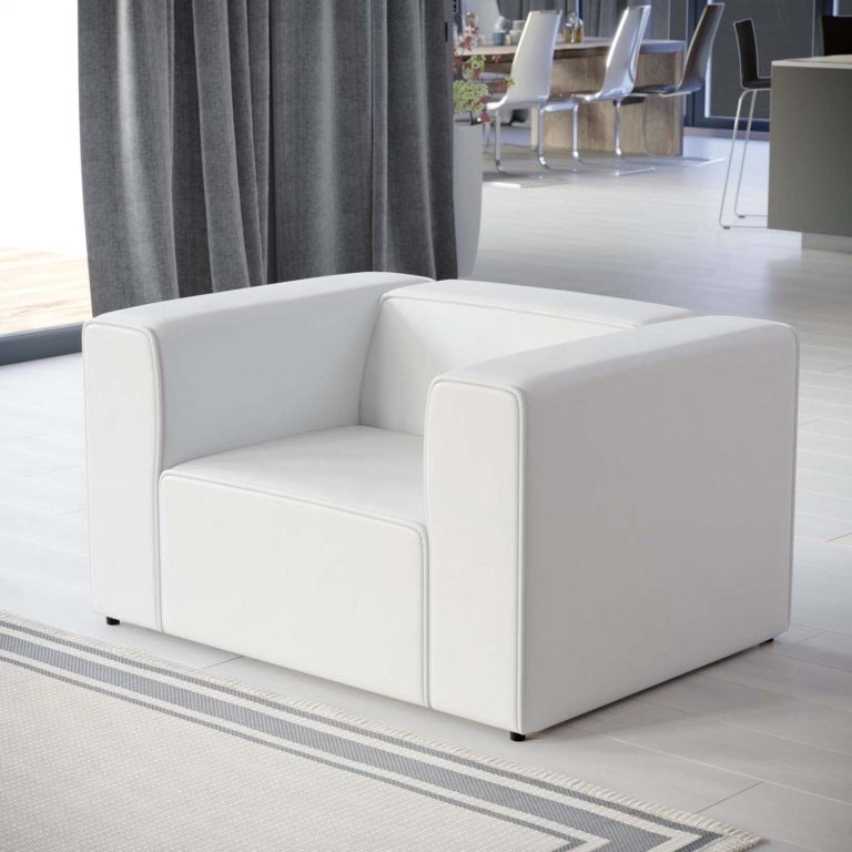 minimalist white faux leather accent chair with boxy geometric frame