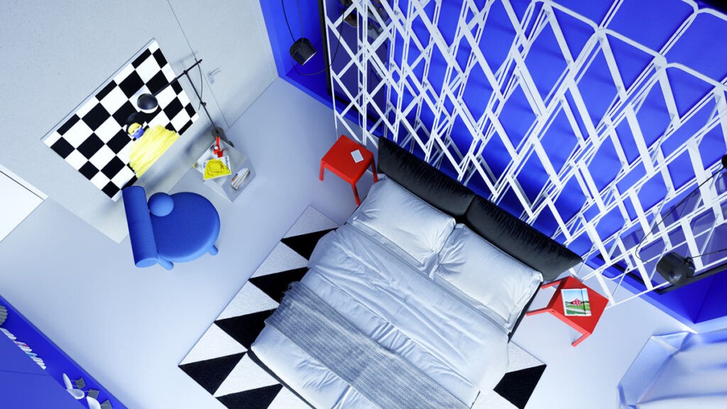 A Bright Blue And Red Home That Looks Like Living Art