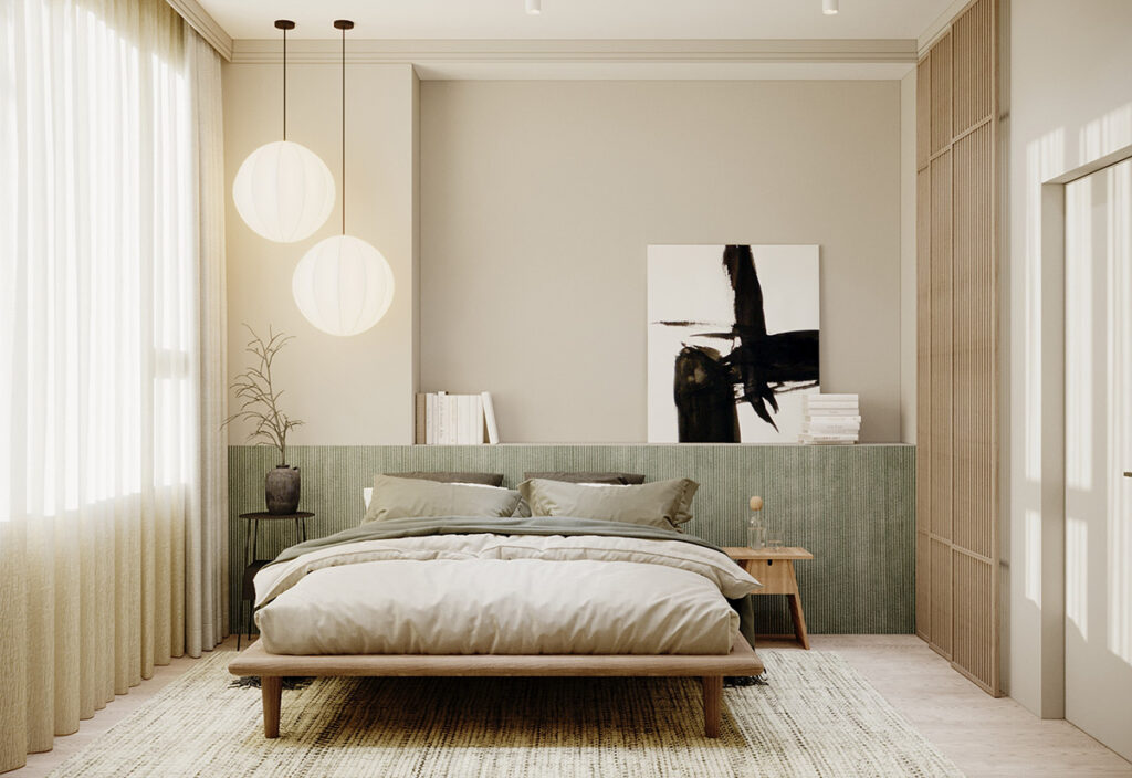 sage green and beige bedroom Interior Design Ideas