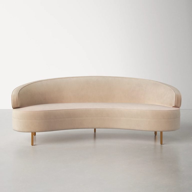 curved beige sofa for sale online smooth velvet upholstery golden thin
