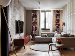 Eclectic Red Accent Home Interior and Floor Plan