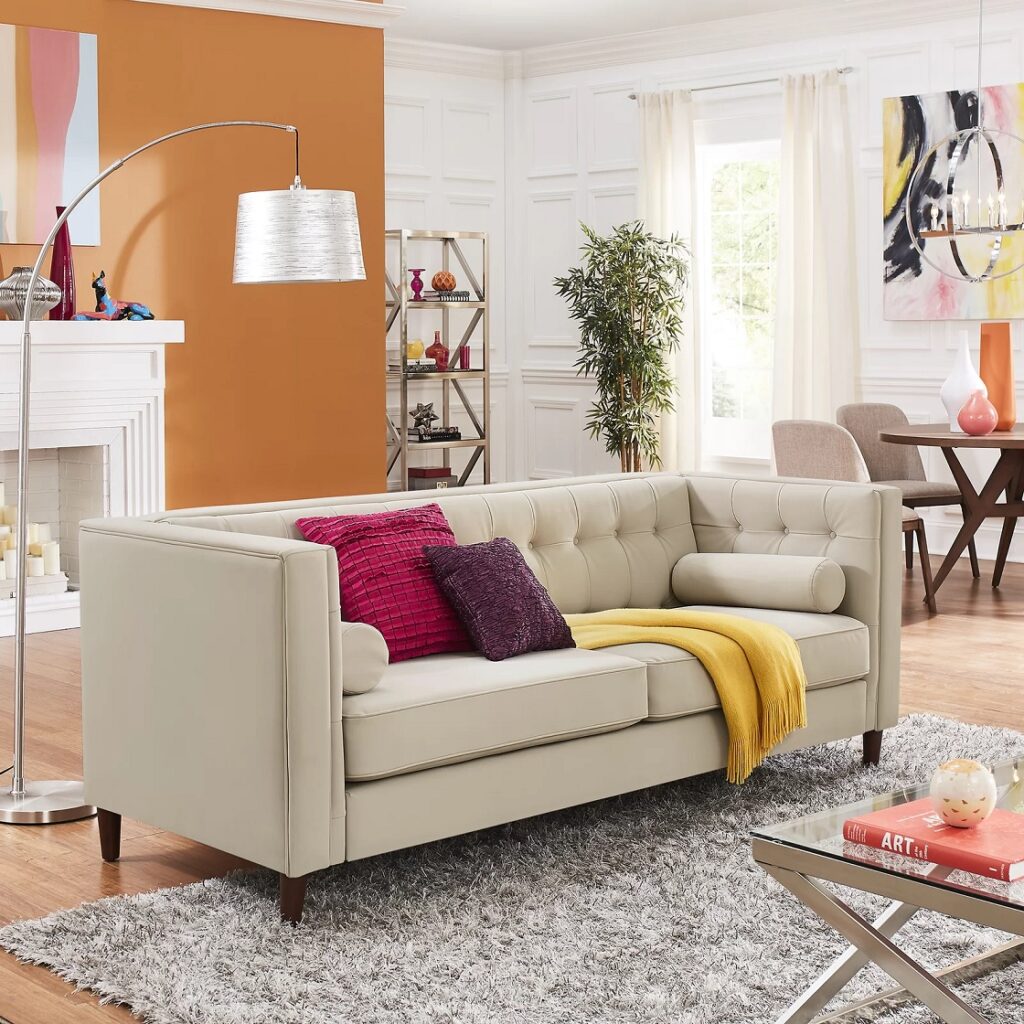 tuxedo beige leather sofa set with button tufted upholstery and