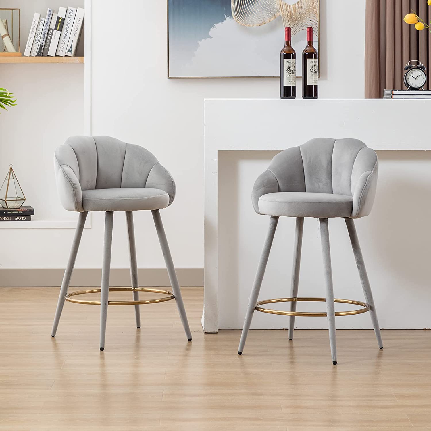 light grey upholstered bar stools with tufted backrest channel tufting glamorous seating ideas for eat in kitchen counter height dining space design inspiration