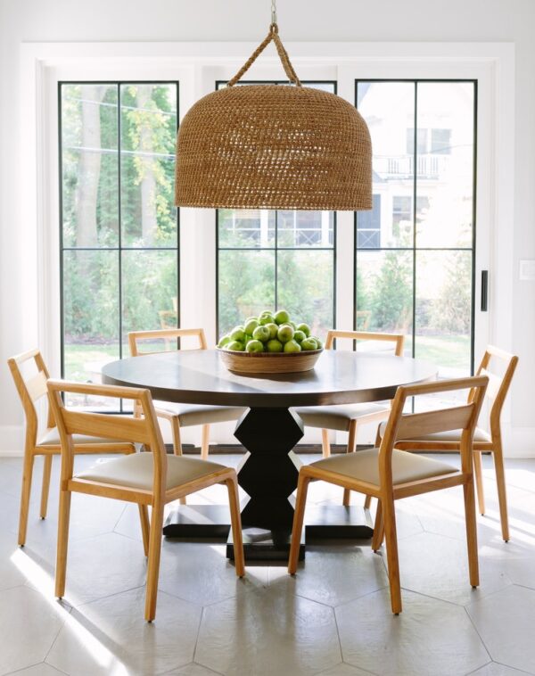 Round glass dining table with dark wood base discount