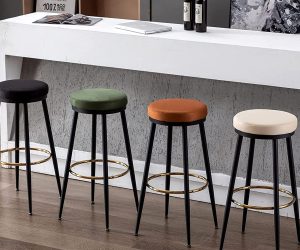 round backless bar stools upholstered velvet seats with black bases and gold footrests minimalist colorful seating ideas for eat in kitchen dining theme breakfast nook chair