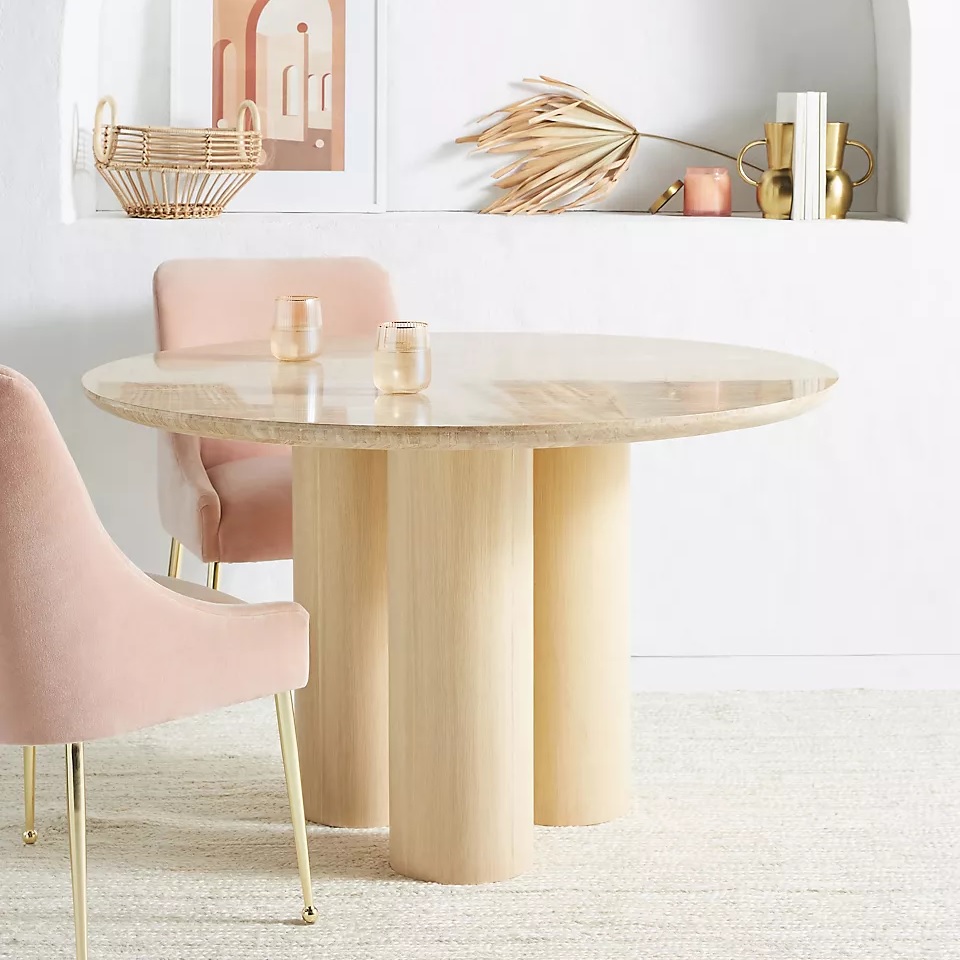 stylish contemporary pedestal kitchen table with genuine travertine stone tabletop and light oak base unique silhouette luxury designer furniture for eat in kitchen dining