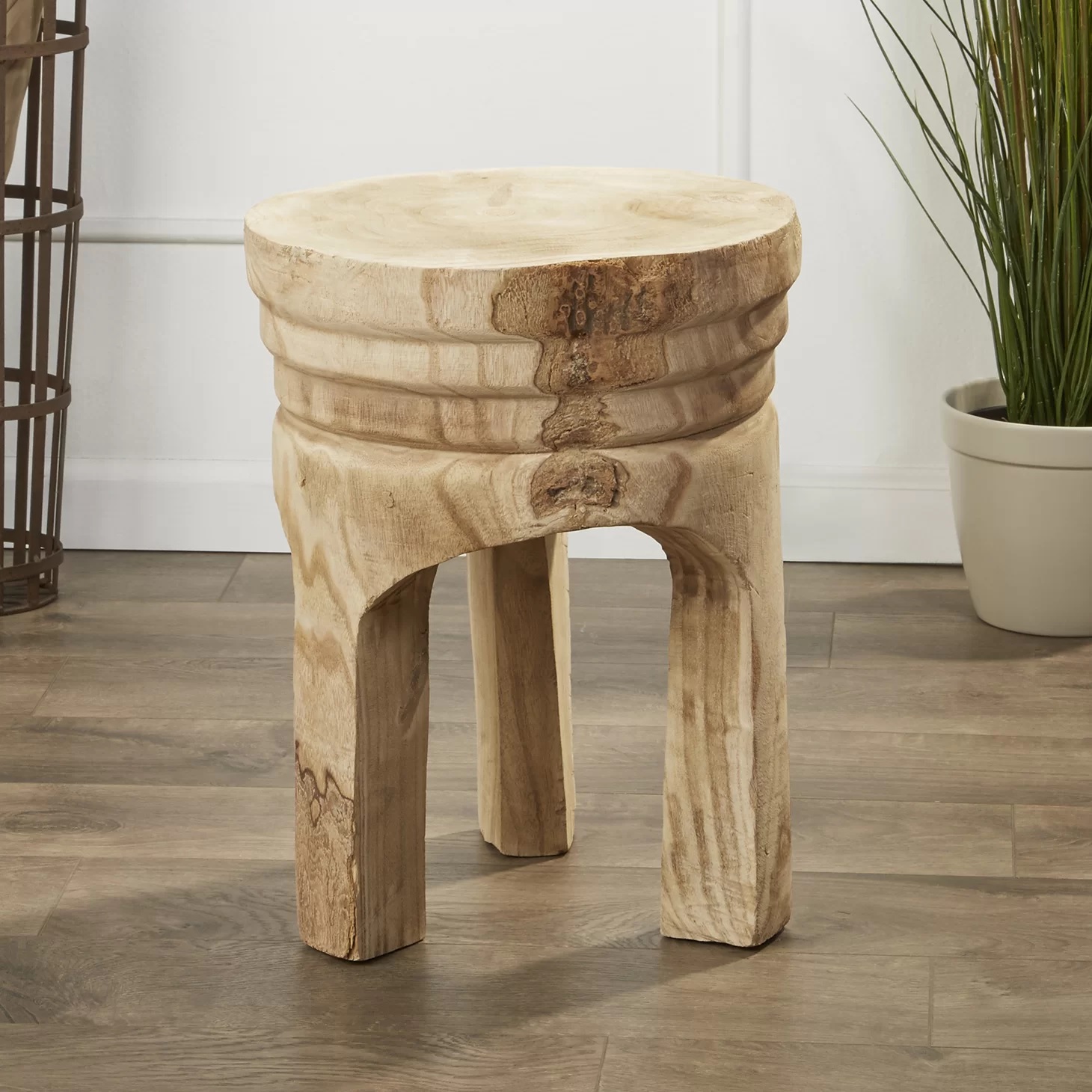 unique unfinished 3 legged wooden stool made from paulownia wood creative carved artistic side table multipurpose modern farmhouse accent furniture vanity stool plant stand