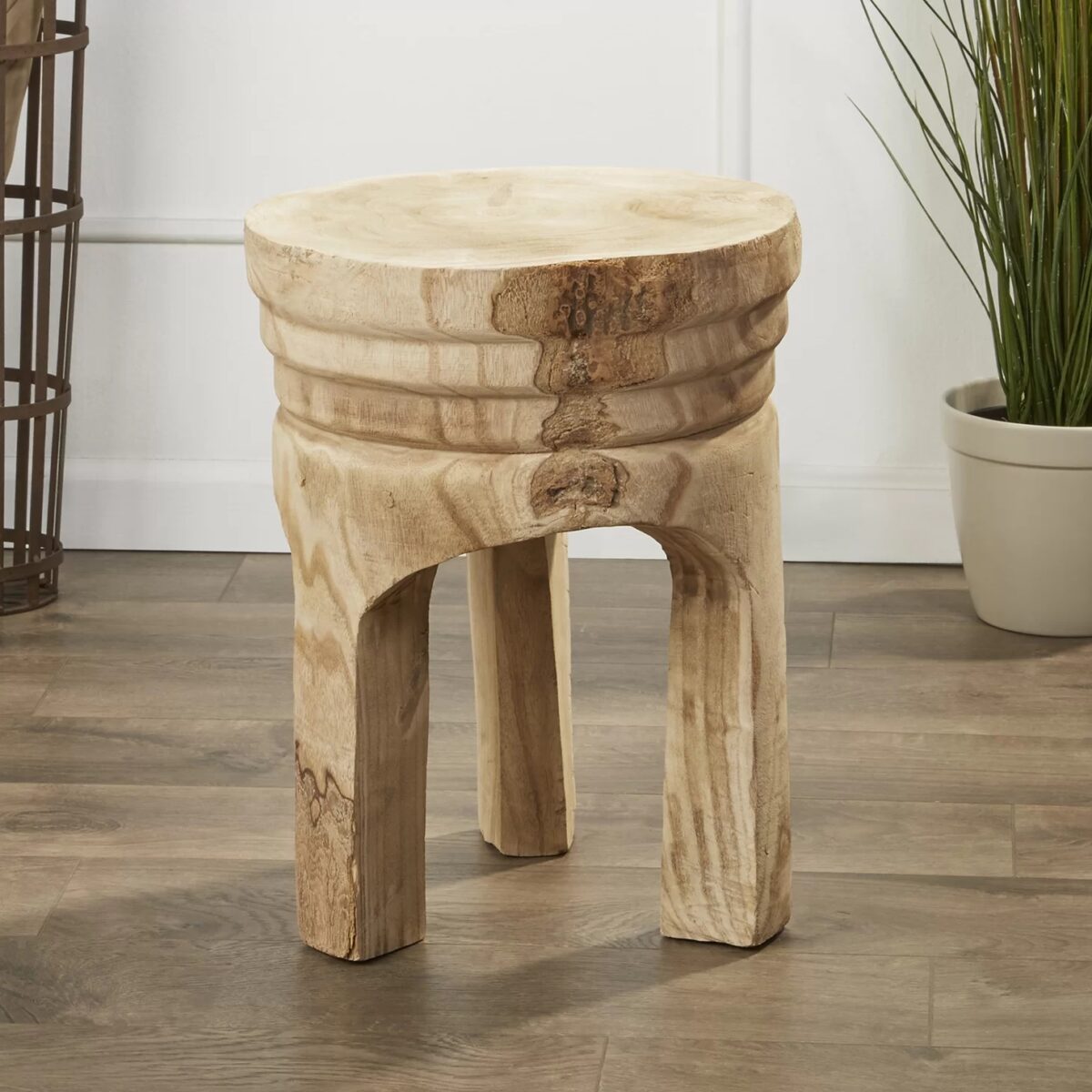 unique unfinished 3 legged wooden stool made from paulownia wood creative carved artistic side table multipurpose modern farmhouse accent furniture vanity stool plant stand