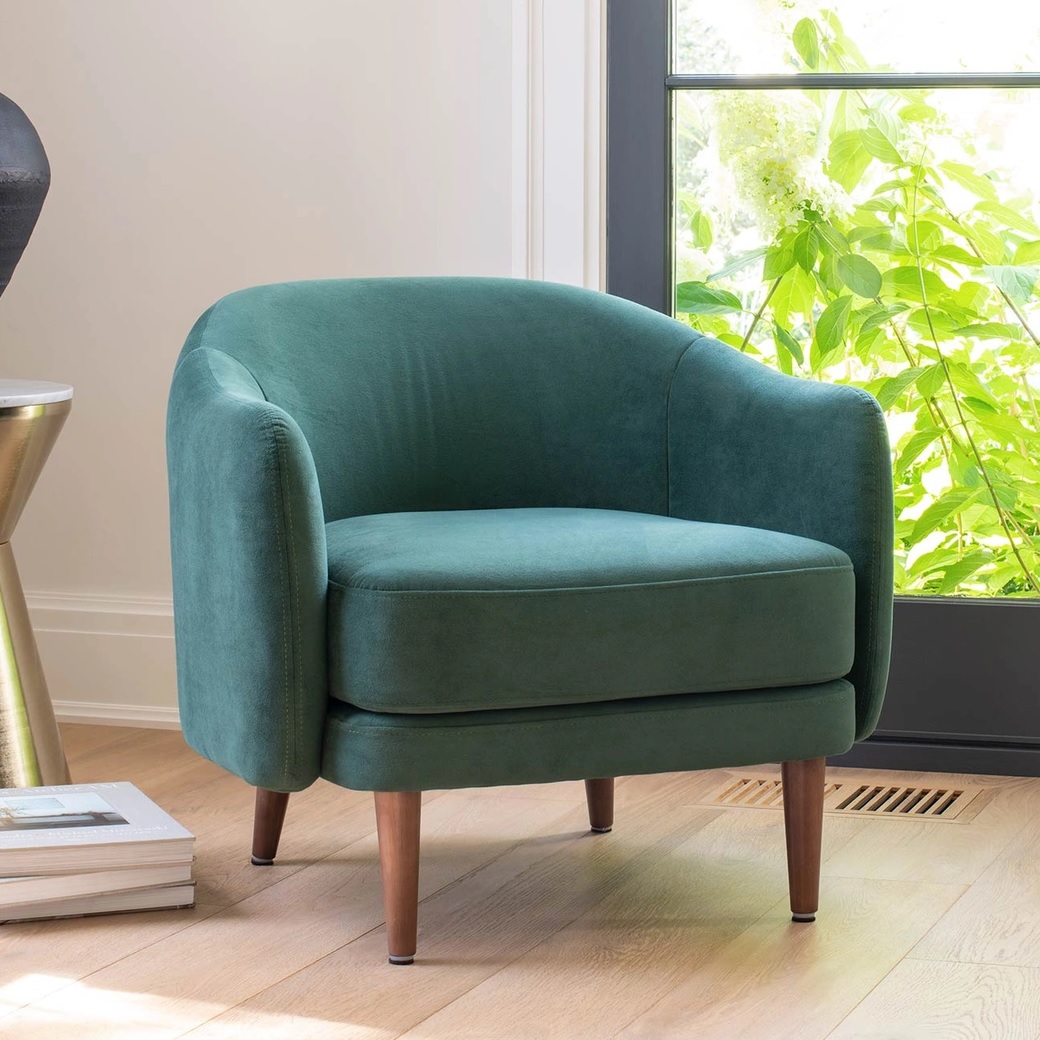 apartment friendly green accent chair for living room bedroom tapered wooden legs blue green upholstery greenish teal velvet barrel back armchair for nursery decor inspiration