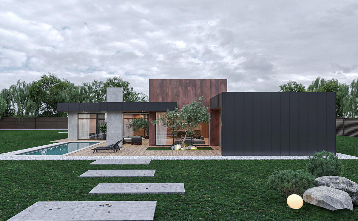 black house exterior with terrace