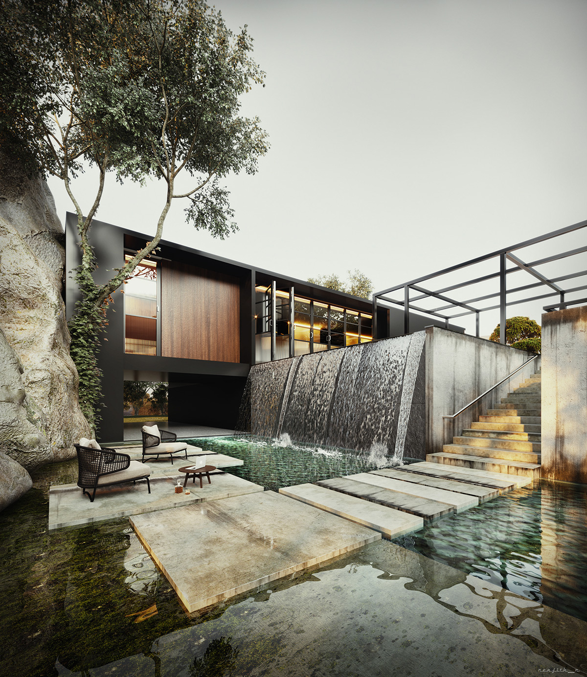 black house exterior with waterfall