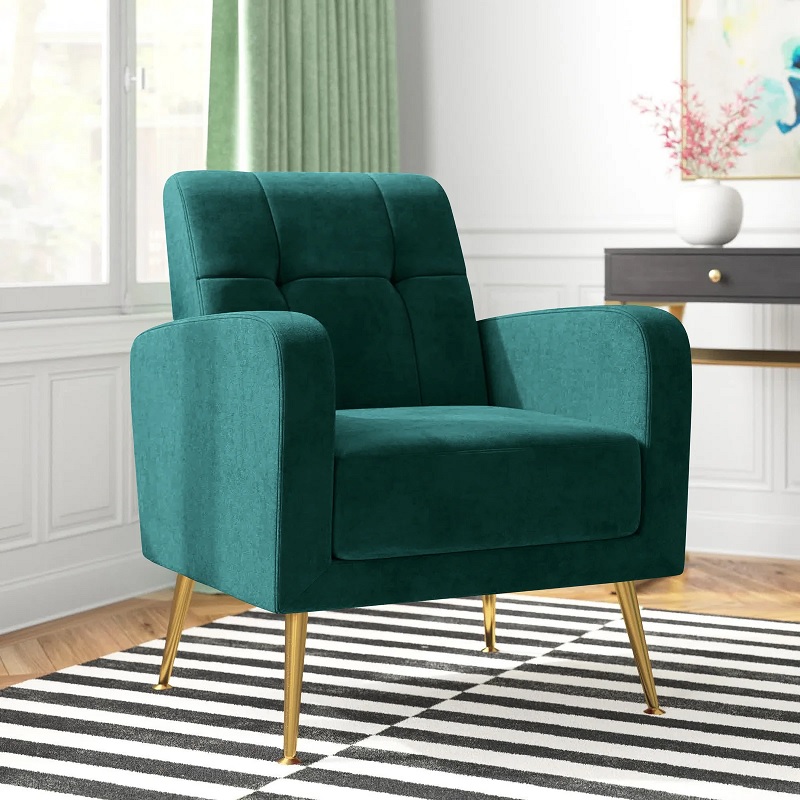 blue green accent chair with gold legs comfortable armrests and tufted backrest simple living room furniture for sale online affordable armchair child friendly stain resistant