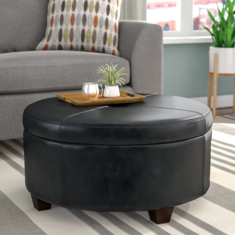 circular leather storage ottoman round classic design versatile living room furniture for storage inspiration black faux leather with top stitched detailing and wooden legs simple