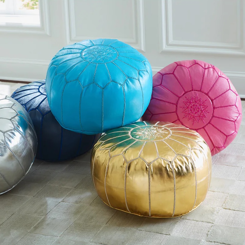 colorful small leather ottoman collection by Jonathan Adler authentic designer furniture ideas for dorm room living room footrest extra seating multipurpose magenta blue gold