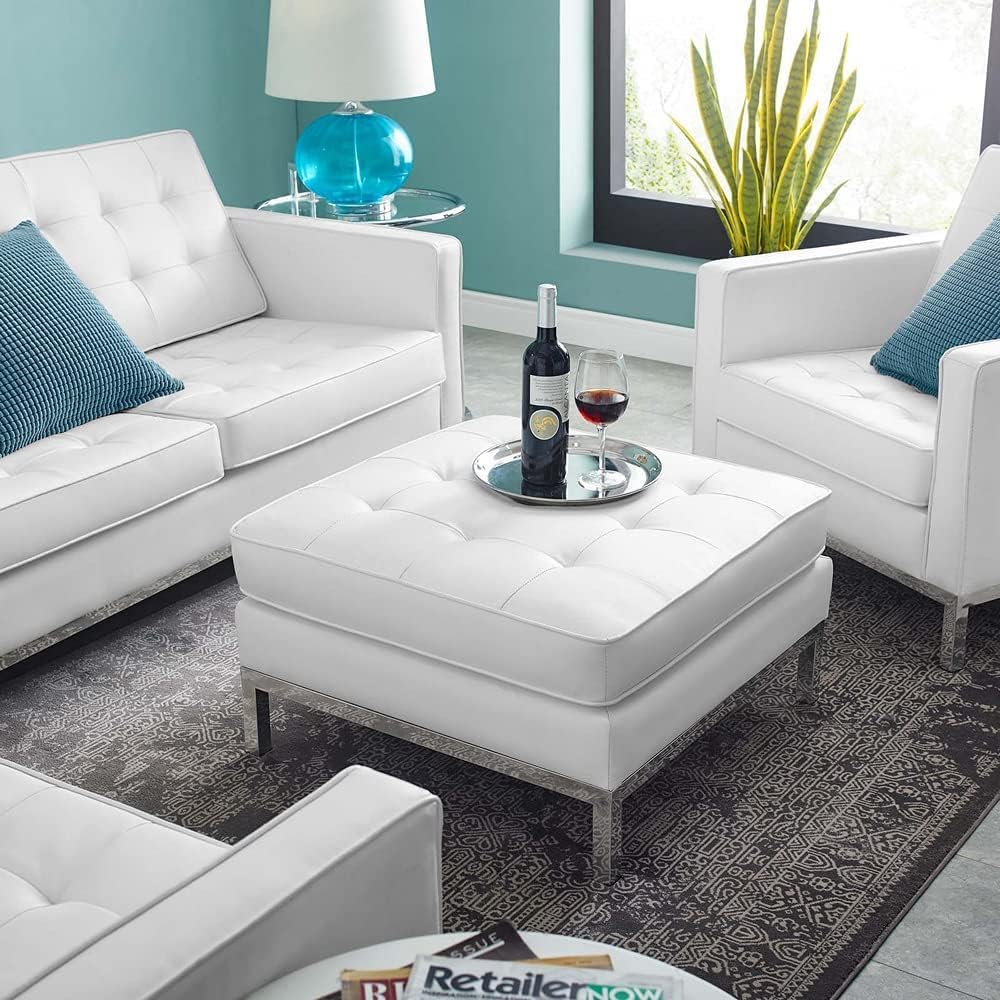 contemporary glam leather ottoman square shape with tufted surface and polished chrome base steel and white faux leather living room footrest cocktail ottoman affordable