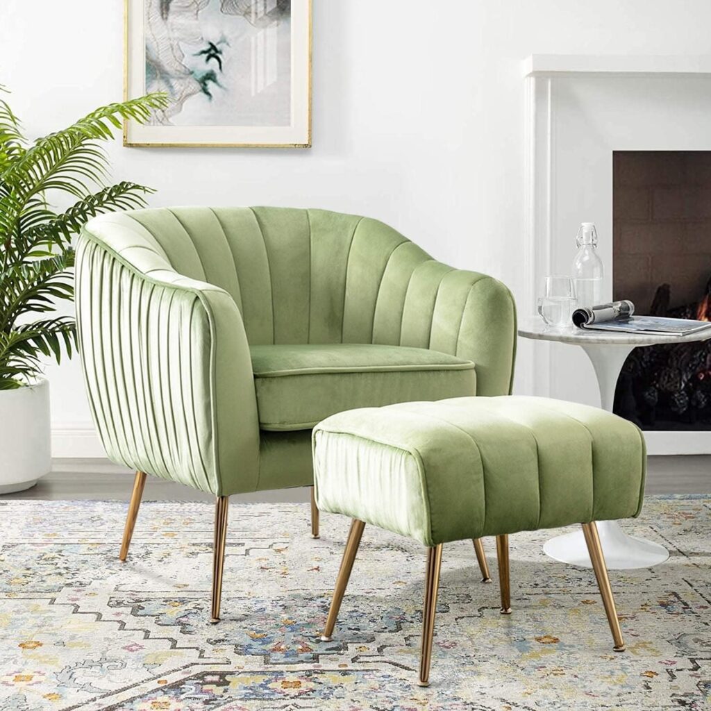 glamorous sage green accent chair with interior channel tufting and