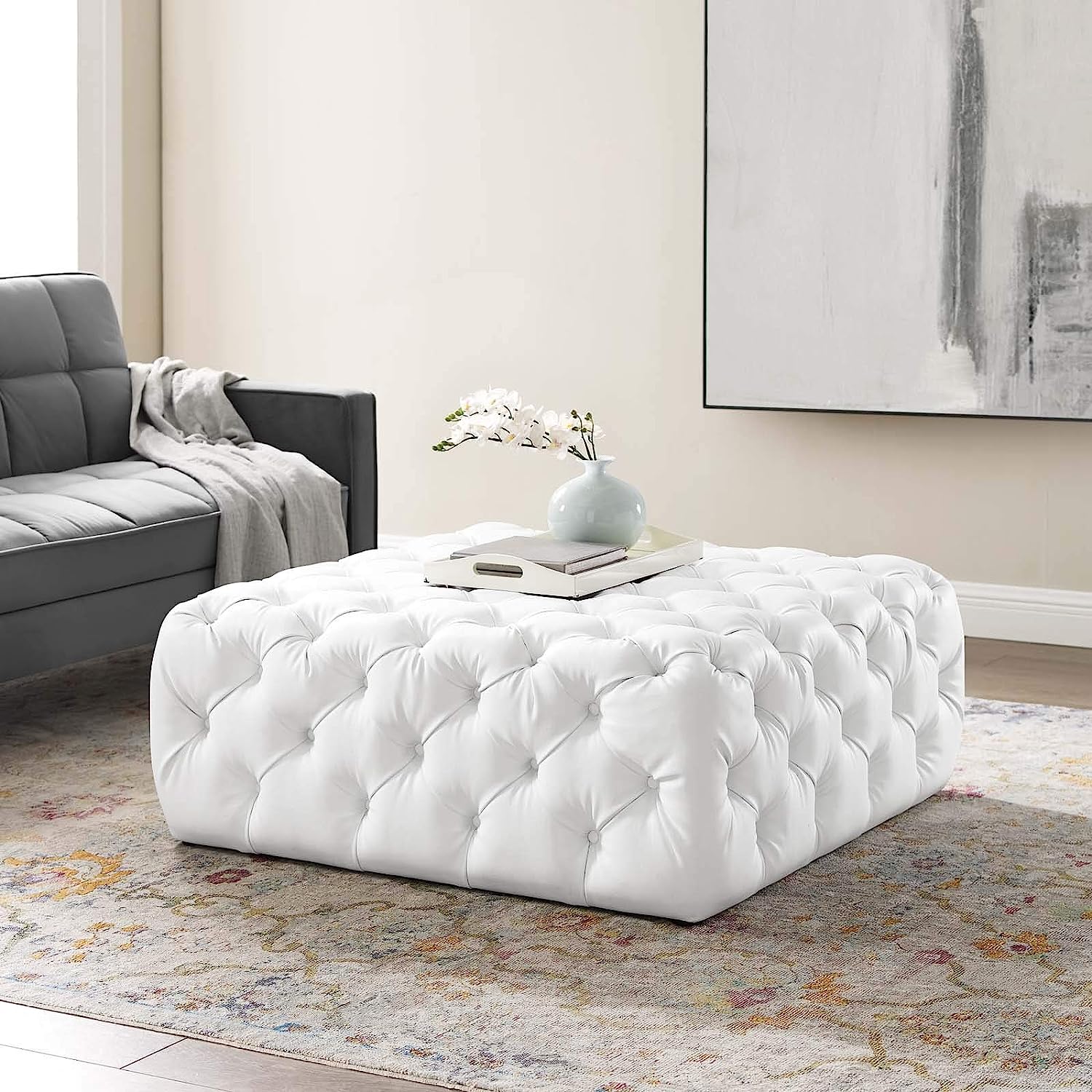 glamorous tufted white leather ottoman with bright upholstery multiple sizes available creative upholstered cocktail table ideas for large living rooms multipurpose furniture