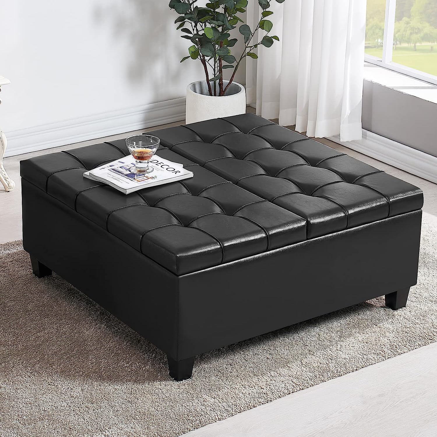 lift top faux leather storage ottoman cocktail table for living room biscuit tufted top glossy black leather upholstery square shape multipurpose work from home furniture