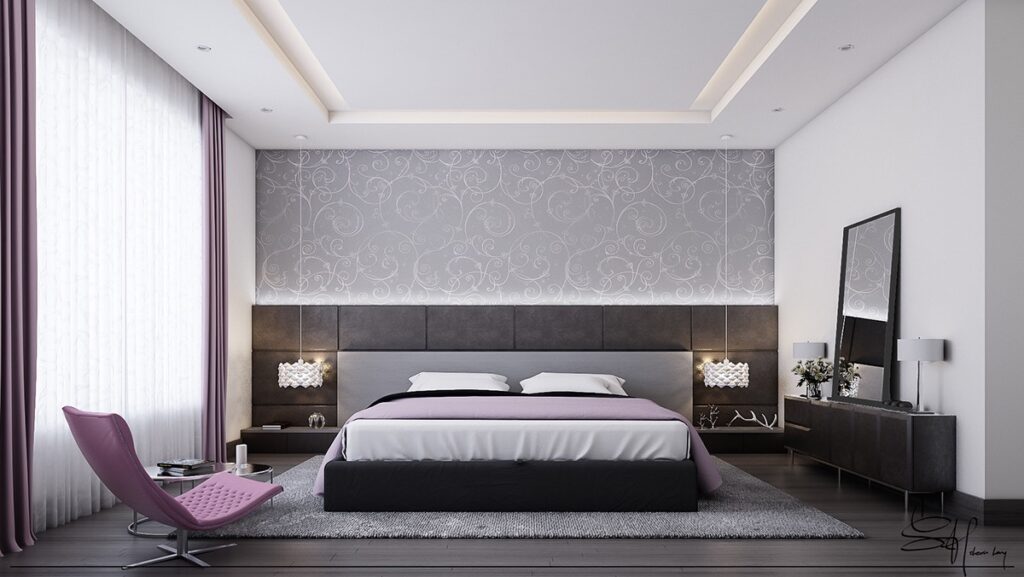 purple and gray bedroom Interior Design Ideas