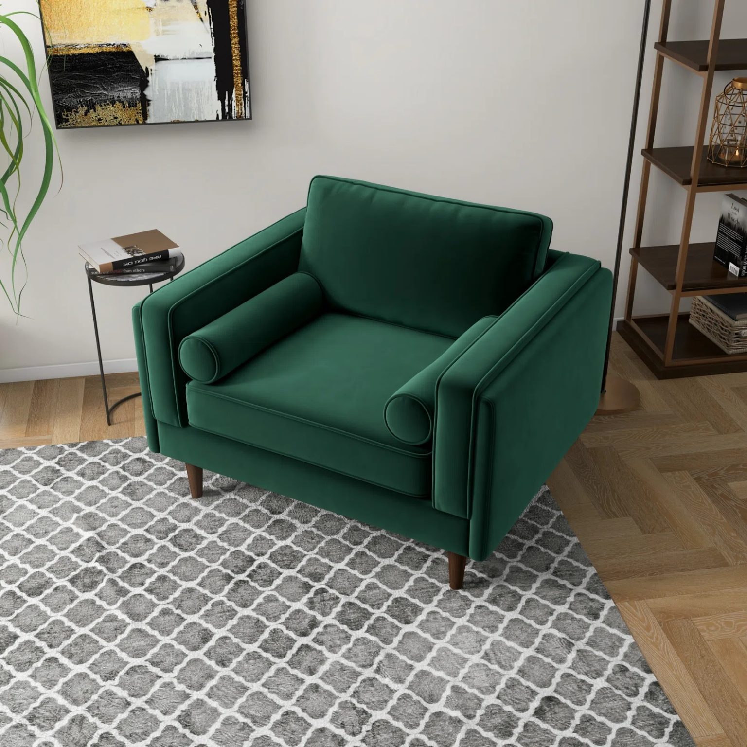 squared dark green velvet accent chair for mid century modern living