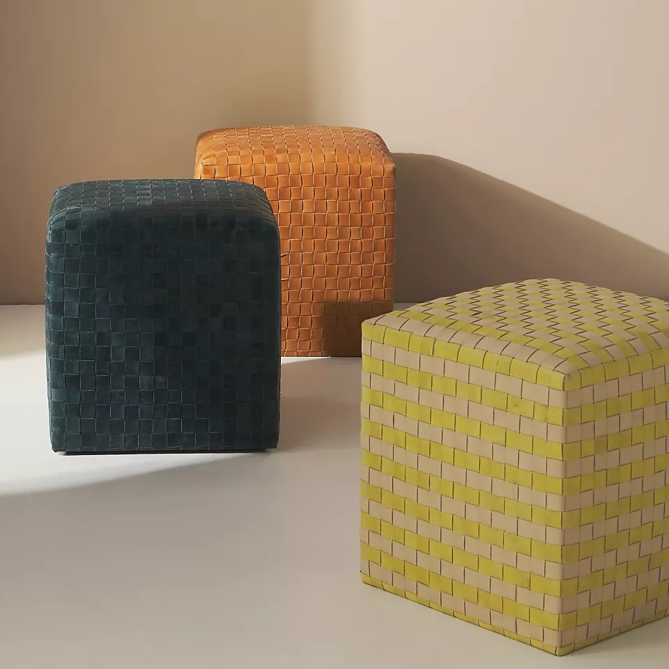 woven leather ottoman cube design colorful leather furniture ideas for living room postmodern decor theme woven stripes of yellow orange blue leather poufs side table multipurpose