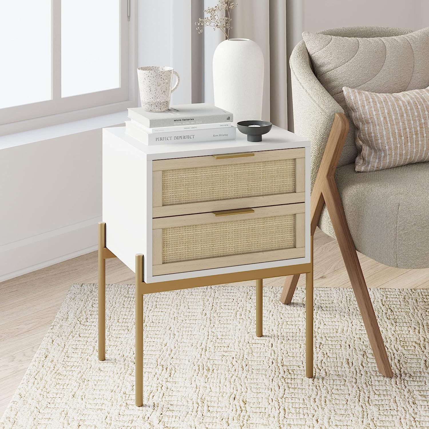 gold and white living room end tables with drawers and woven rattan cane details cute bohemian chic furniture for sale cheap on amazon glam decor inspiration storage ideas