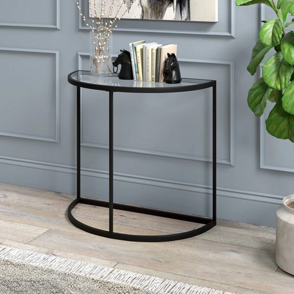 half moon shaped black narrow console table with curved front and