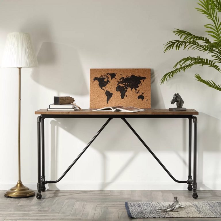 industrial wood and black console table with iron metal base with