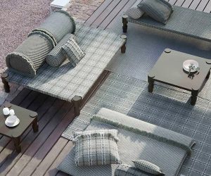 luxury outdoor floor cushion set designer patio living room soft elements designed by Patricia Urquiola garden cushion composition for sale online includes pillows and mattress