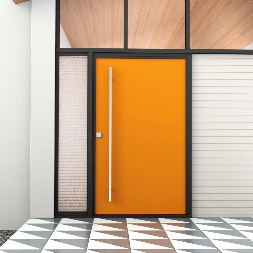 orange front door with bar handle Interior Design Ideas