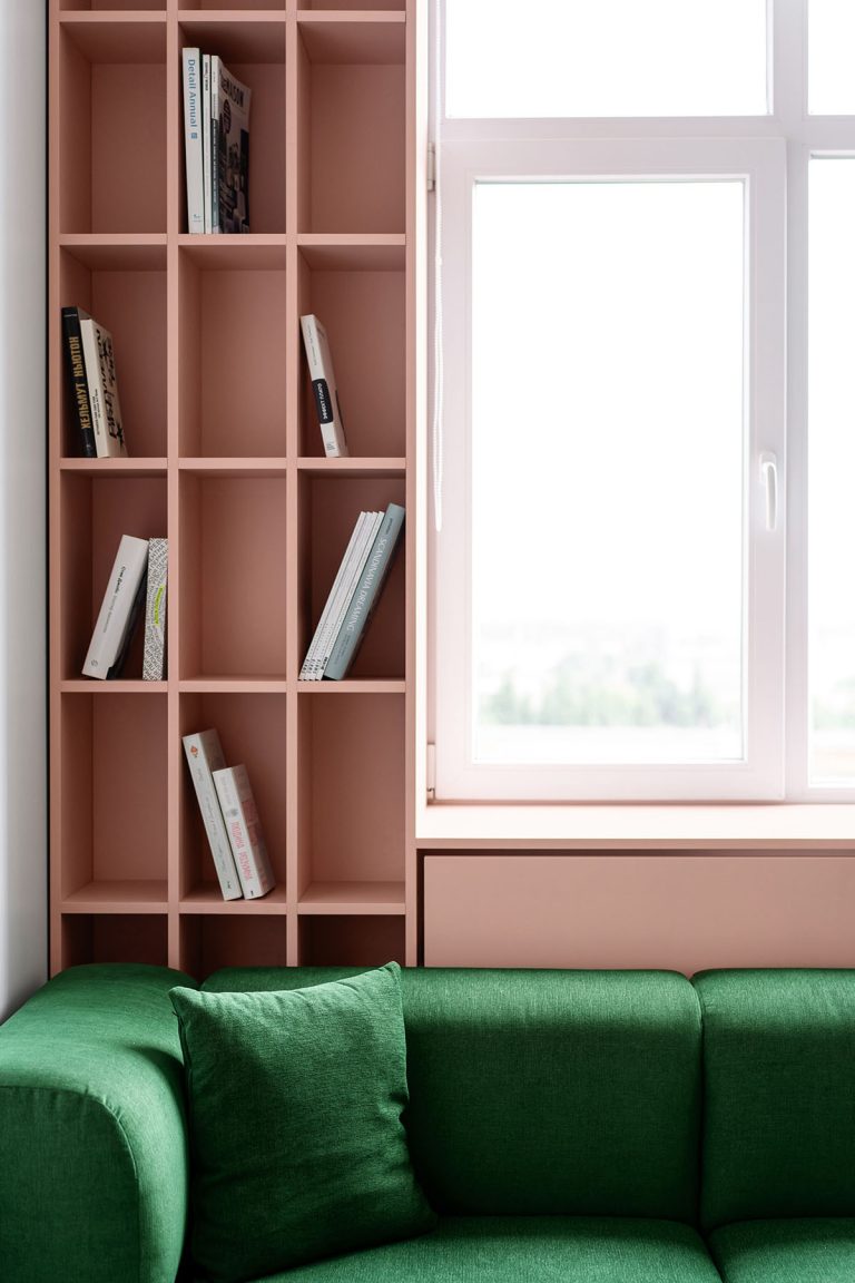 pink bookcase Interior Design Ideas