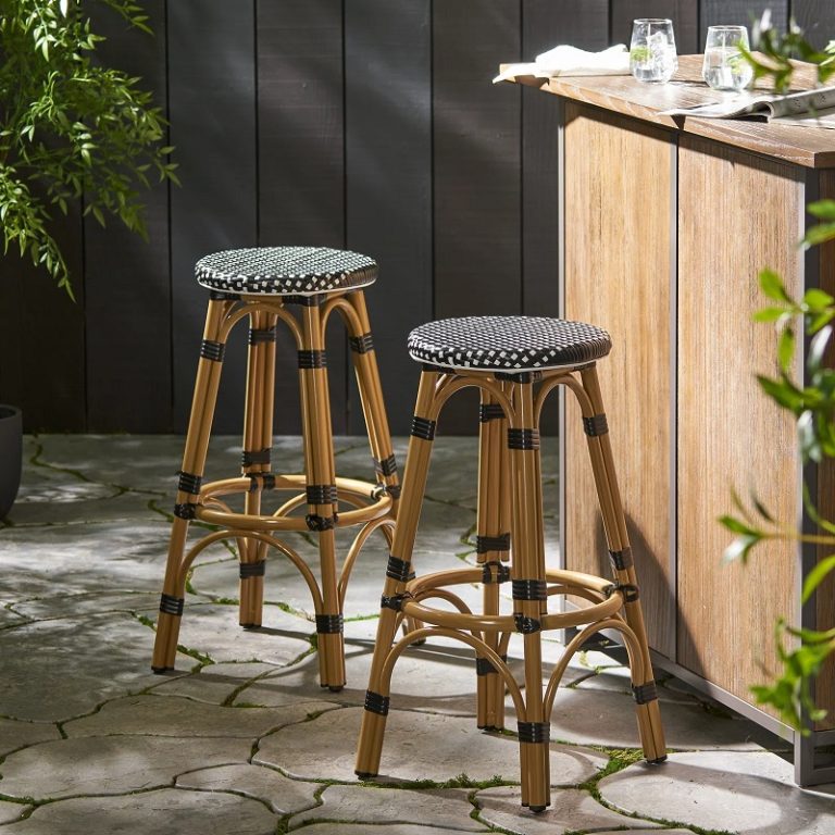 round rattan outdoor bar stools with black and white coloration faux ...