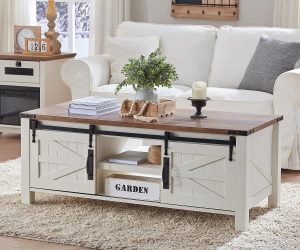 sliding barn door farmhouse coffee table with cabinets and open cubby storage furniture ideas for family living room country style tables with cabinet space